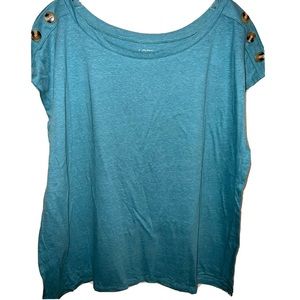 Blue T-shirt with Brown Button Detail on Shoulder